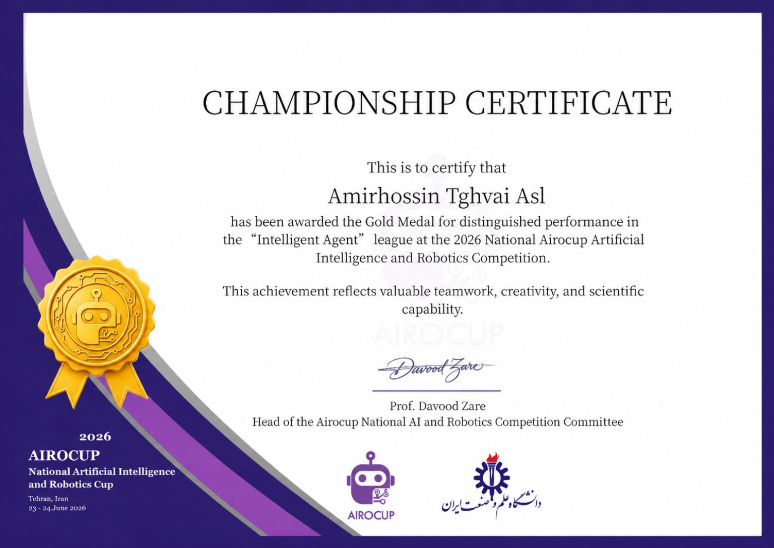 Airocup 2026 gold medal certificate